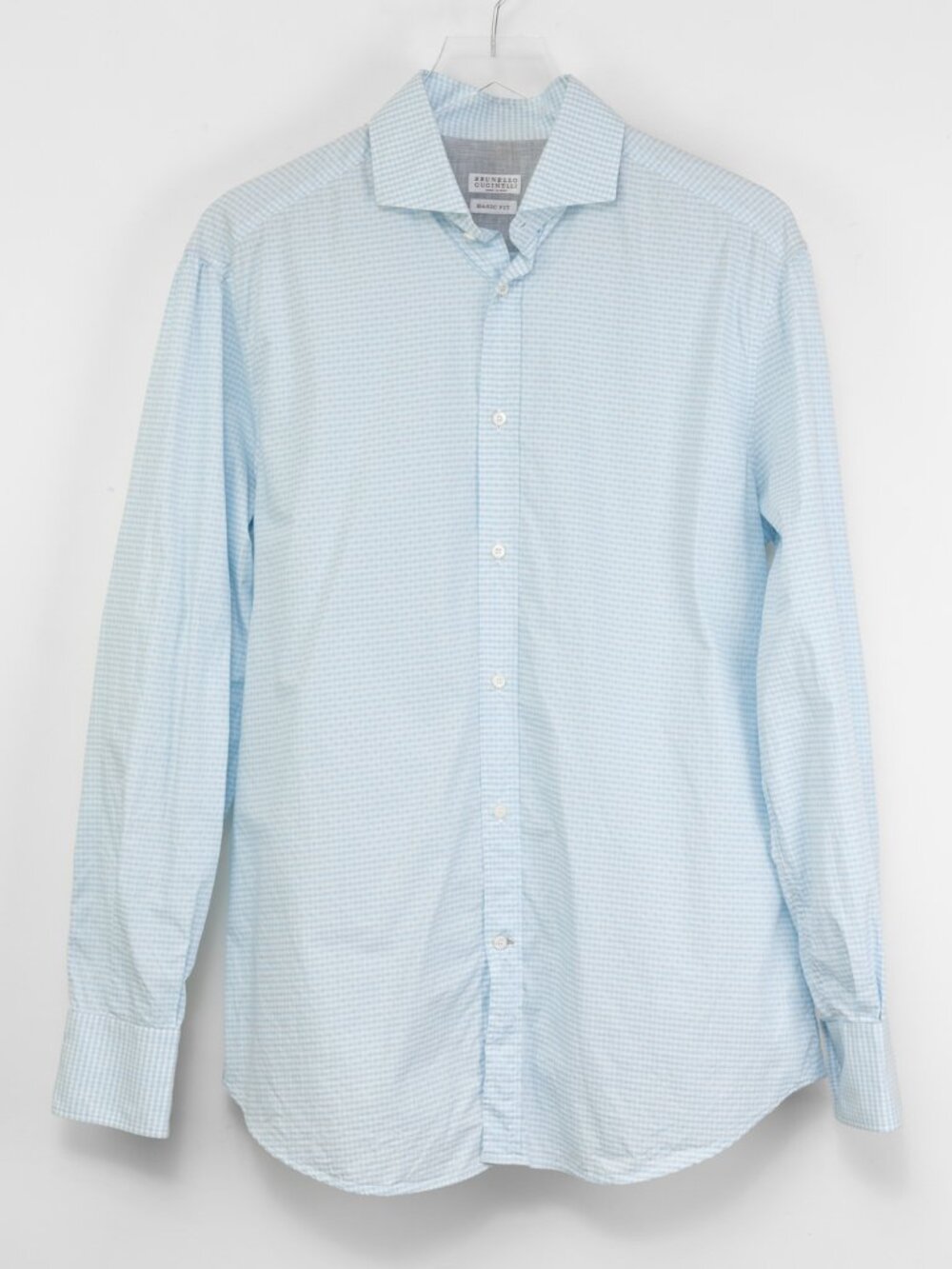 Brunello Cucinelli Basic Fit Shirt Button Front Light Blue Gingham Check Large